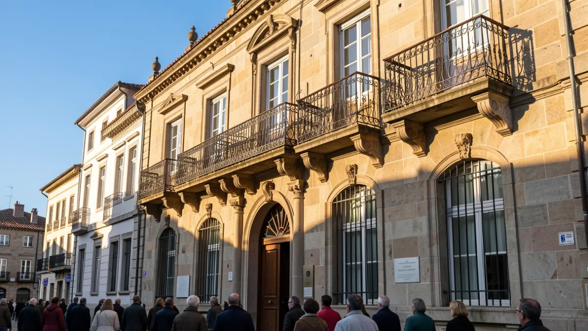 Imaxe xenérica dun concello galego de granito con balcóns ornamentados e ceo azul.