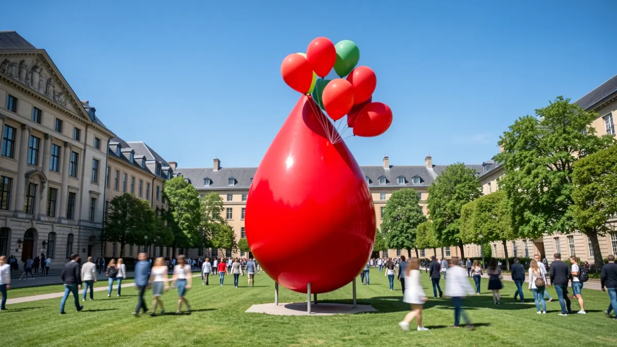 Una gigantesca gota de sangre roja instalada en un campus universitario, con globos pegados a ella y estudiantes desenfocados al fondo.