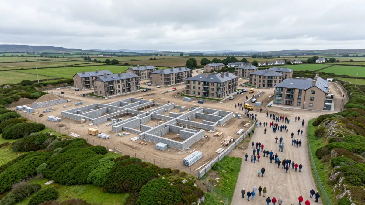 Vista aérea de una obra de construcción de viviendas de promoción pública en Teo, Galicia.