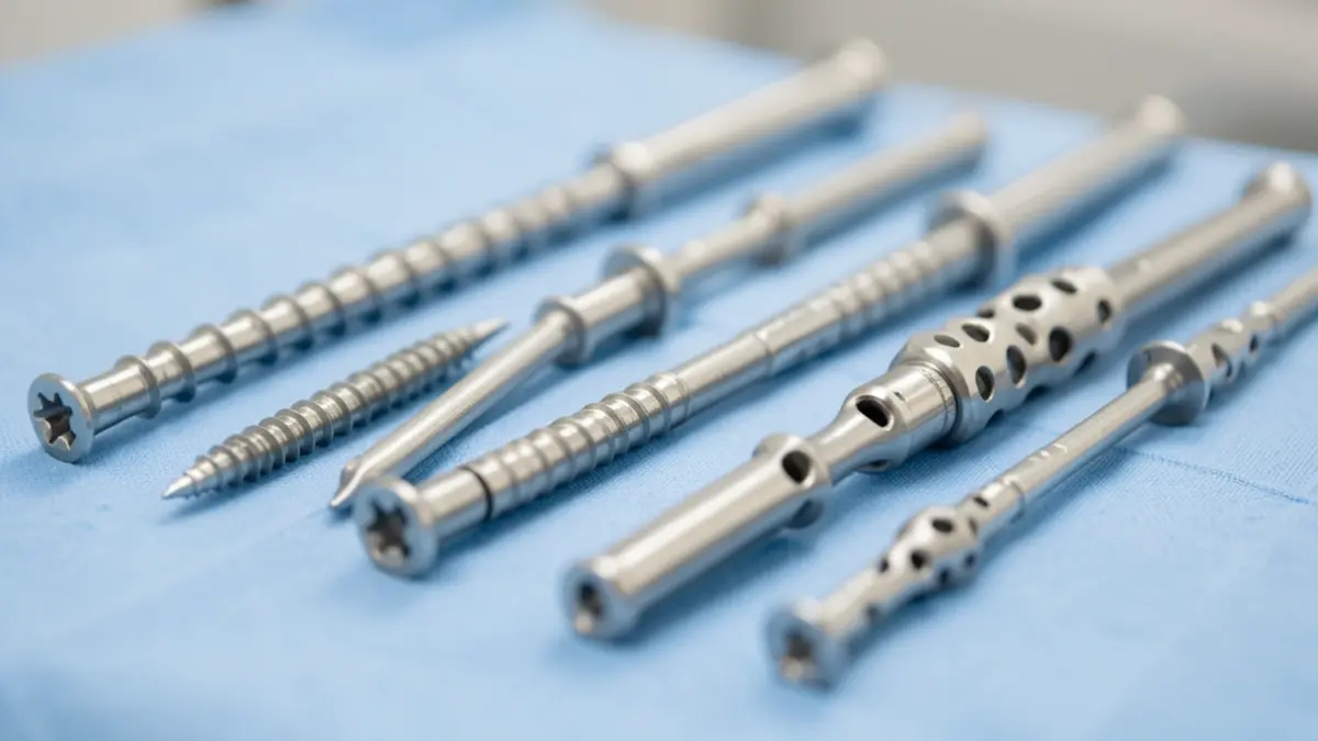 Imagen genérica de implantes quirúrgicos para la columna vertebral, como tornillos y varillas, sobre una superficie médica limpia.