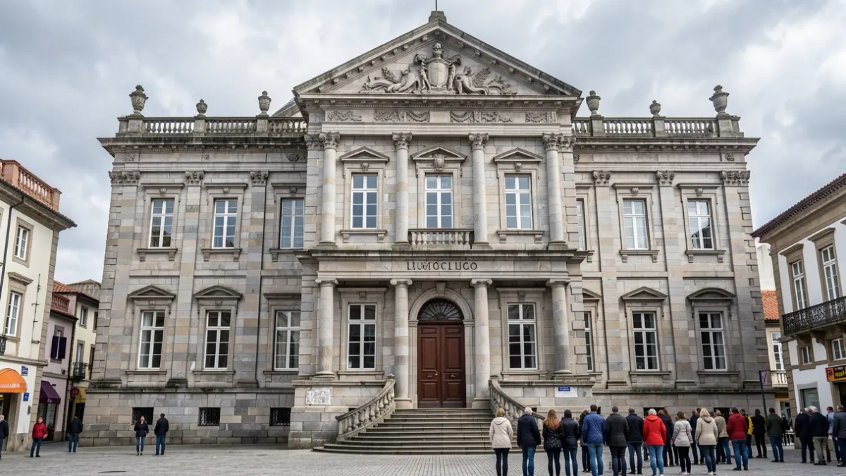 Imaxe xenérica do Concello de Lugo, un edificio de granito baixo un ceo nubrado.