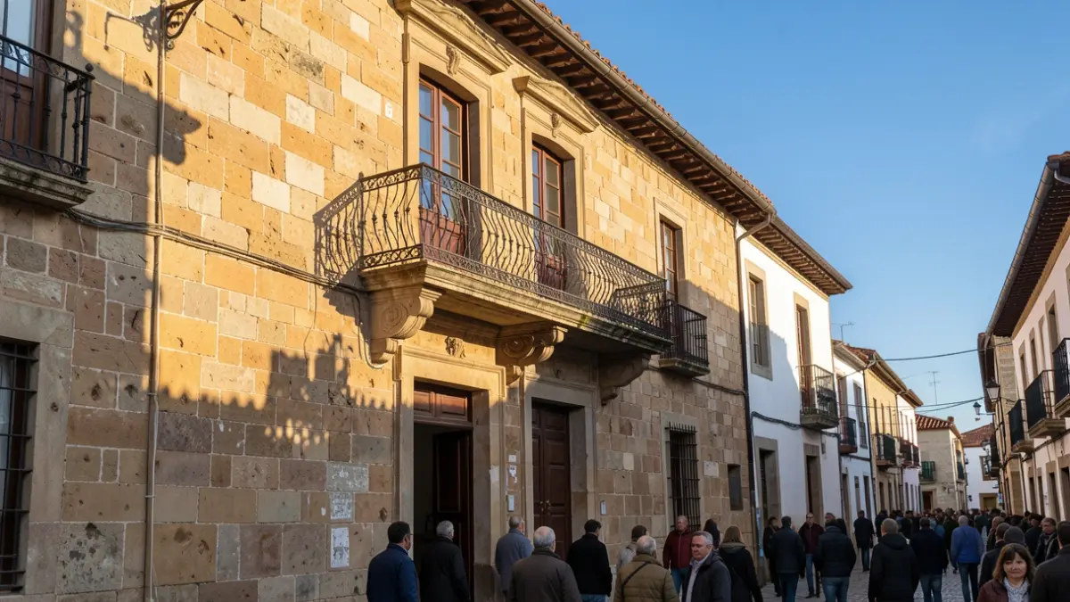 Imaxe xenérica dunha fachada de concello tradicional de pedra con balcón e reixas de ferro, luz solar da tarde.