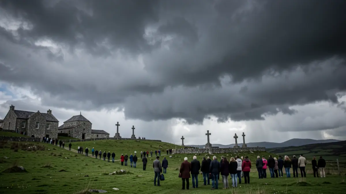 Cielo de tormenta con nubes oscuras y pesadas sobre un paisaje gallego verde, con toques de arquitectura de granito y cruceiros en la distancia.