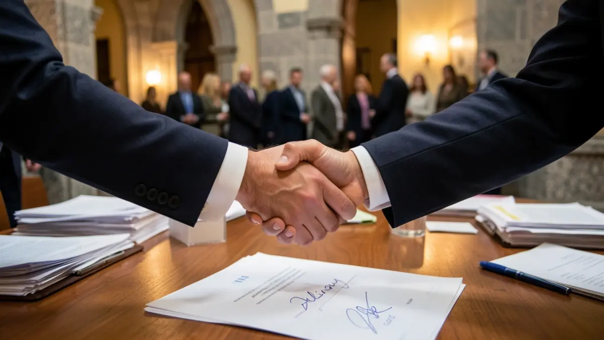 Generic image of two hands shaking over a desk with documents.