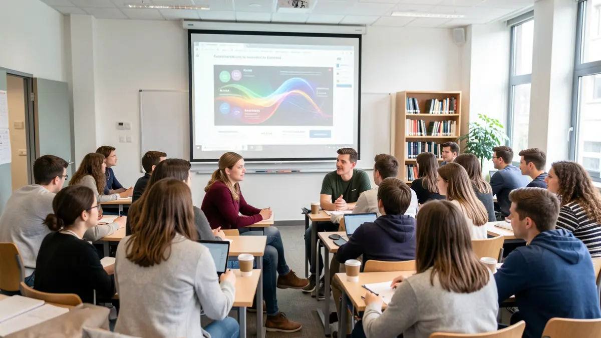 Imaxe xenérica de estudantes nunha aula universitaria moderna participando nunha discusión.