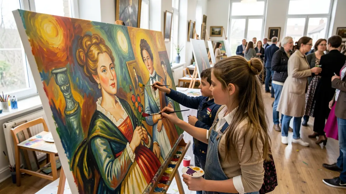 Generic image of children's hands painting on a large canvas depicting famous female painters, vibrant colors, art studio setting.