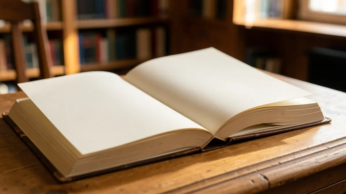 Primer plano de un libro abierto con páginas en blanco sobre una mesa de madera, con luz cálida.