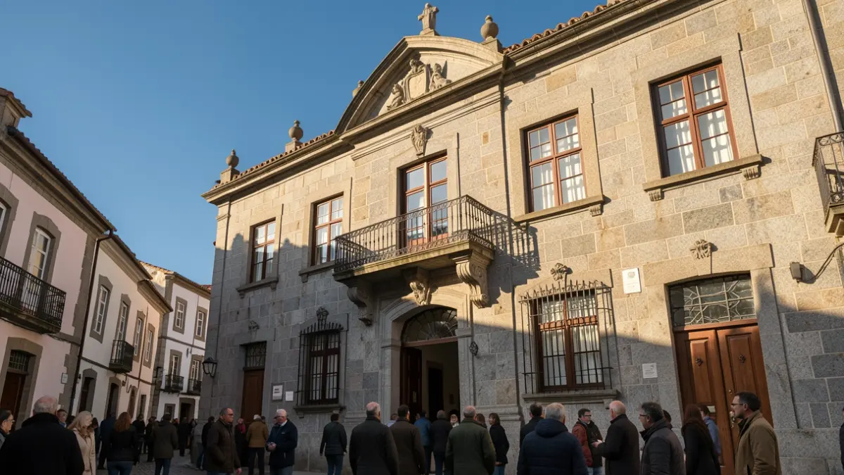 Imagen genérica de una fachada de ayuntamiento gallego de granito con balcón ornamentado, bajo la luz del sol de la tarde.