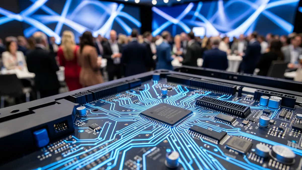 Imaxe xenérica de circuítos de intelixencia artificial nunha sala de conferencias.