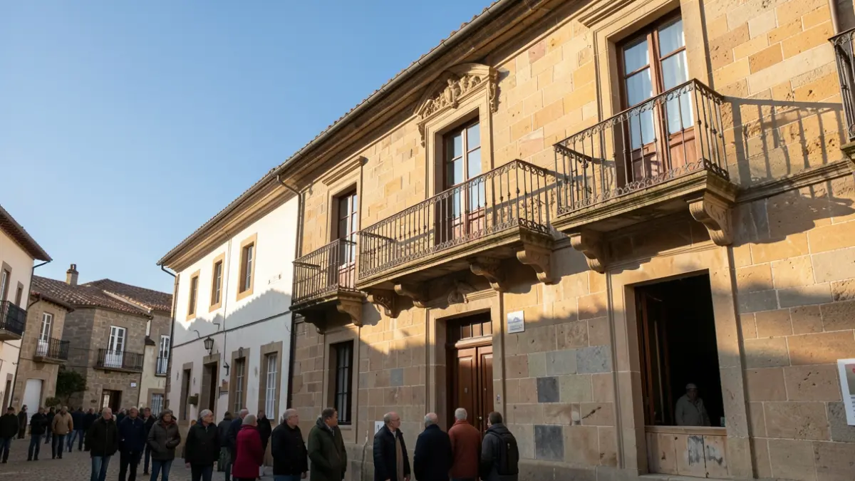Generic image of a traditional Galician town hall facade with an ornate balcony and iron railings, in warm afternoon light.