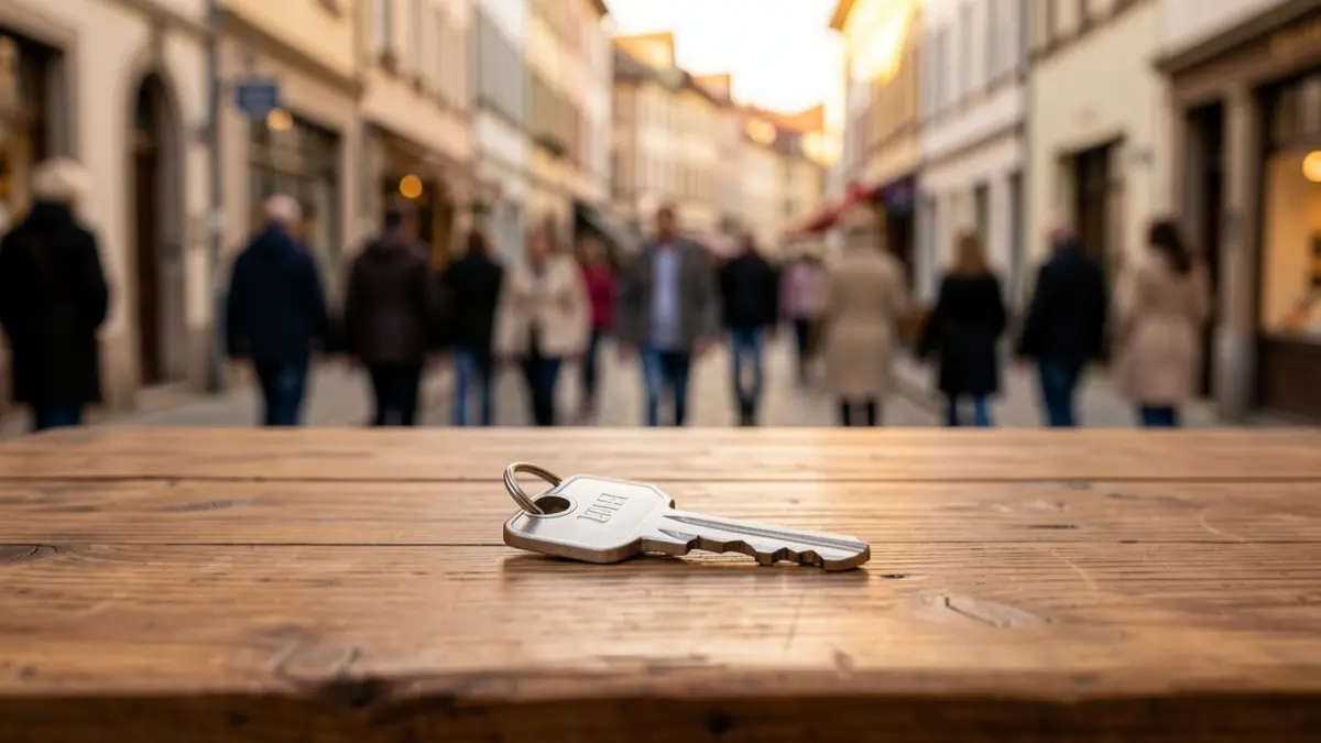 Generic image of a modern house key on a wooden table, with a blurred background of a small town street.