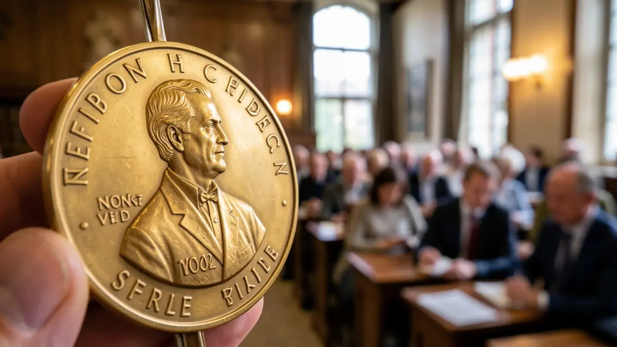 Imaxe xenérica dunha medalla do Premio Nobel cun fondo difuminado dunha sala de conferencias universitaria.