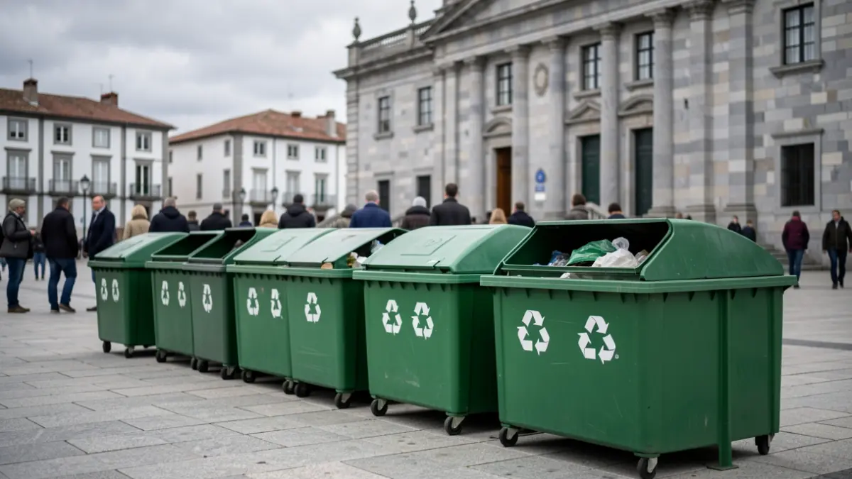 Imaxe xenérica de colectores de reciclaxe e compostaxe verdes diante dun concello galego.
