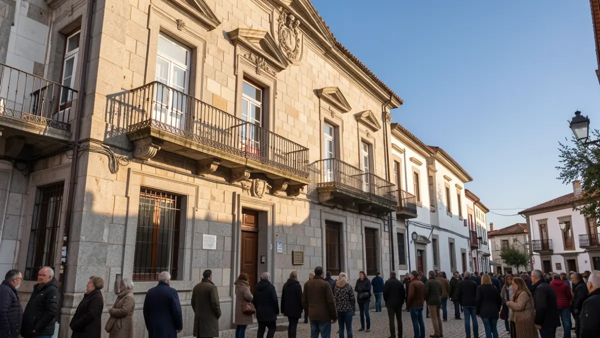 Imagen genérica de una fachada de ayuntamiento de granito tradicional con balcón ornamentado y cielo azul.
