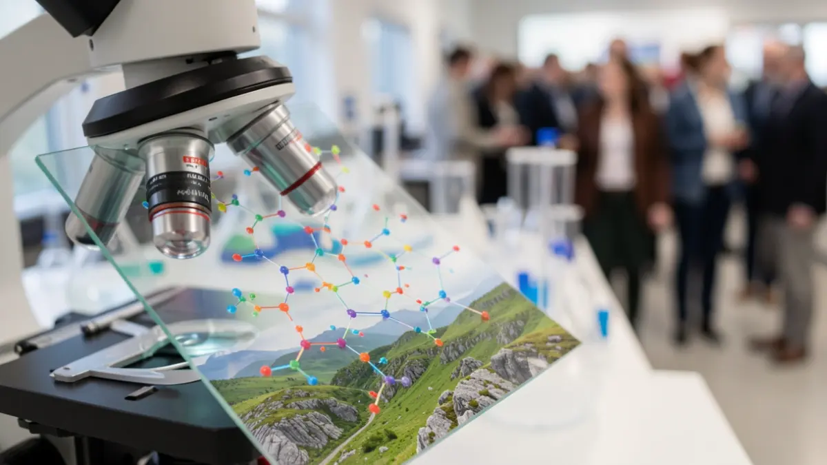Imaxe xenérica de estruturas moleculares vistas a través dun microscopio nun laboratorio.