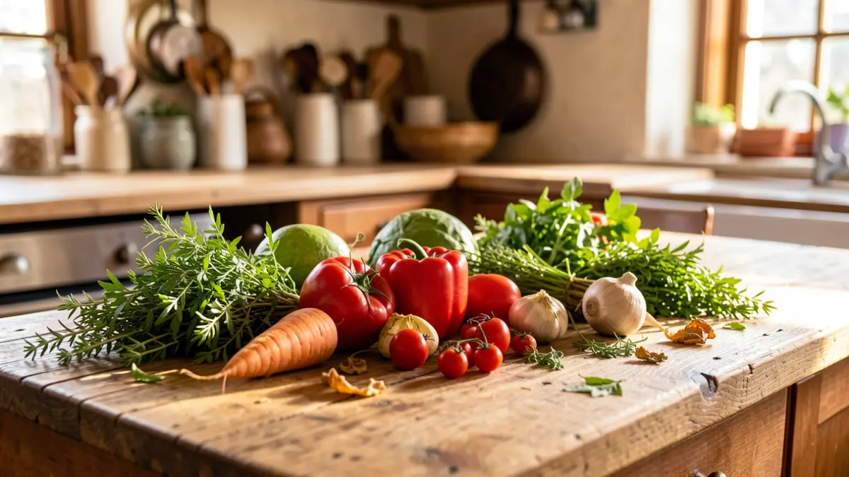 Imaxe xenérica dun mostrador de cociña rústico con verduras e herbas, algunhas lixeiramente murchas, baixo unha luz cálida.