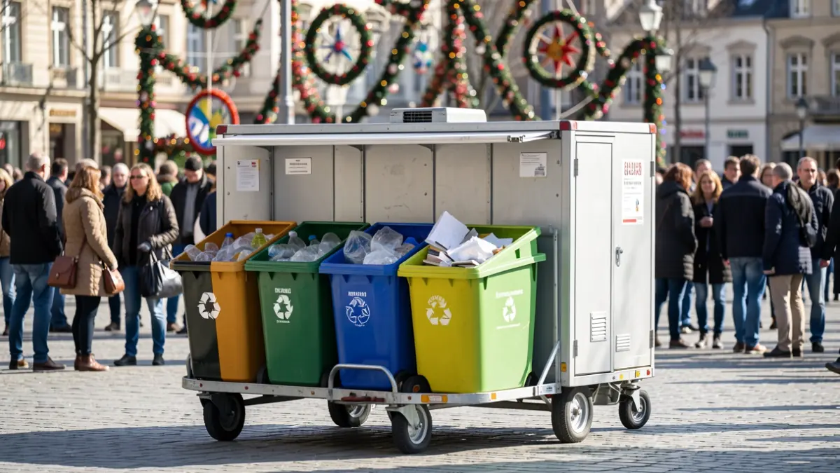 Imagen genérica de un punto limpio móvil con contenedores de colores para diferentes tipos de residuos, estacionado en una plaza pública con decoraciones festivas y gente al fondo.