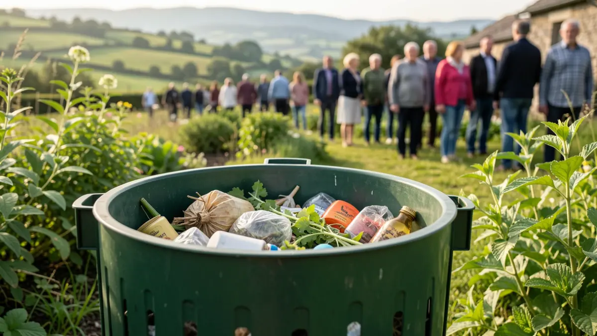 Generic image of a domestic compost bin with organic waste and garden elements.