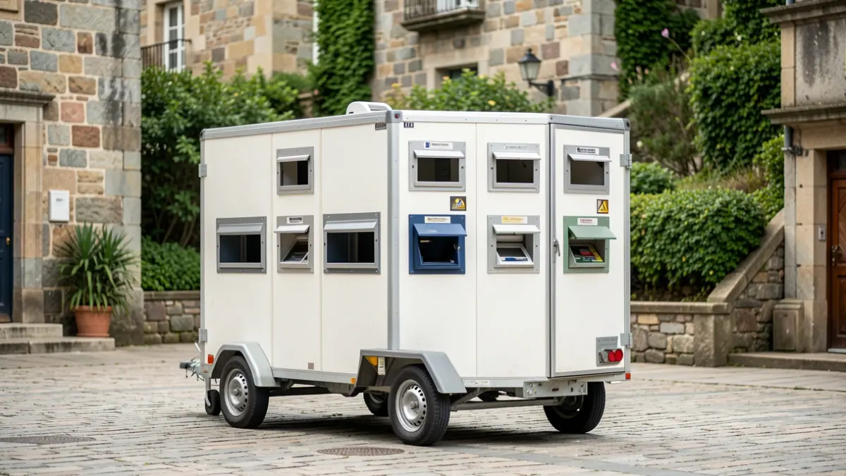 Generic image of a mobile recycling trailer with multiple deposit openings in a Galician town square.