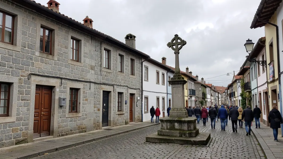 Generic image of a street in a Galician town with granite buildings and a cruceiro, overcast sky.
