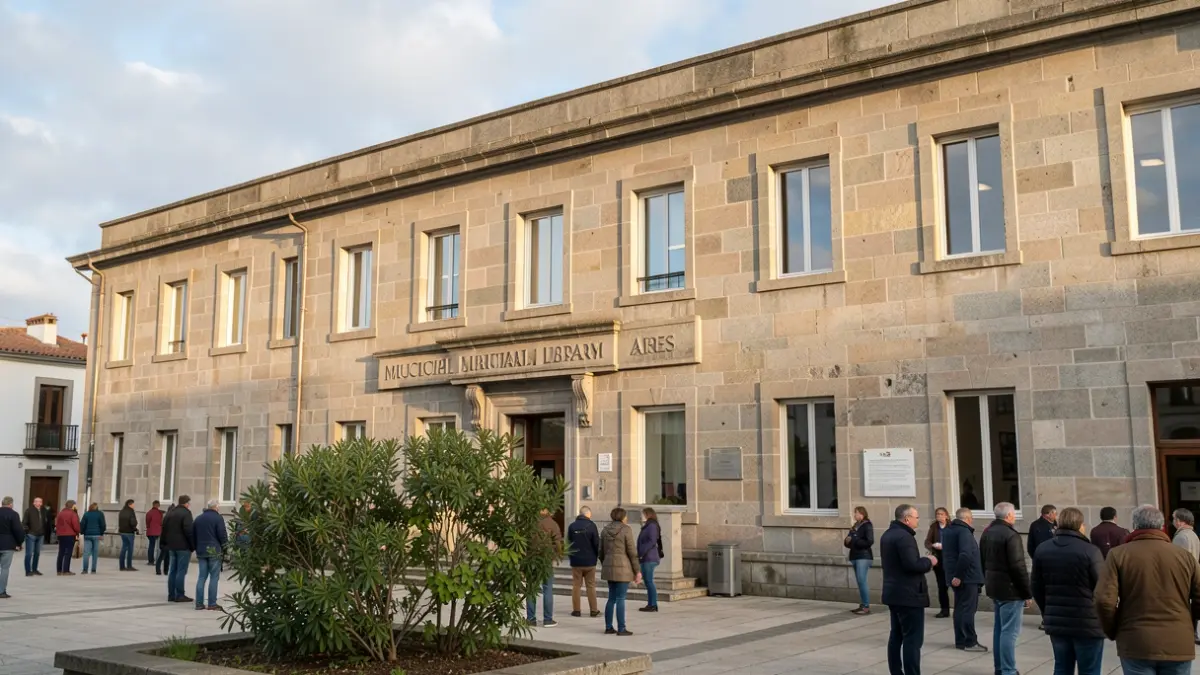 Fachada da Biblioteca Municipal de Ares, un edificio de granito con grandes ventás, baixo unha luz suave de tarde e ceo nubrado.