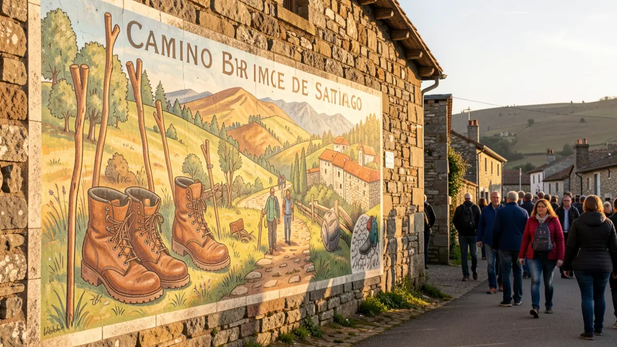 Generic image: such as pilgrim boots and Galician landscapes, painted on a stone wall.