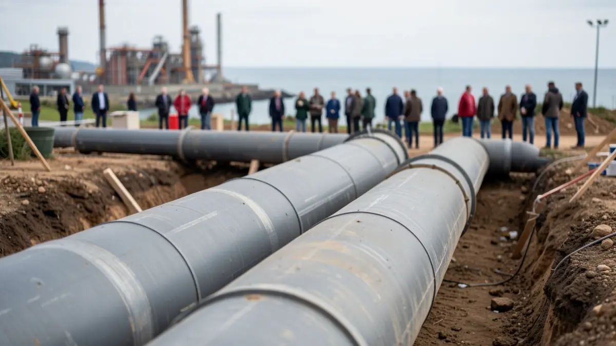 Imagen genérica de tuberías industriales siendo instaladas en una obra de saneamiento cerca del mar.