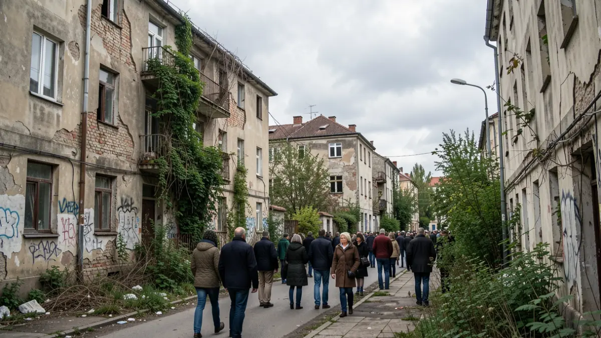 Imaxe xenérica de edificios residenciais en mal estado nun barrio urbano.