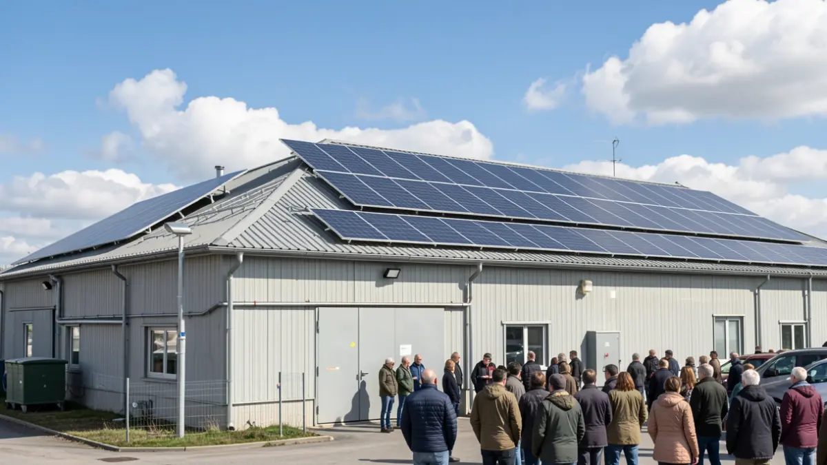Imaxe xenérica de paneis solares instalados nun edificio industrial baixo un ceo despexado.