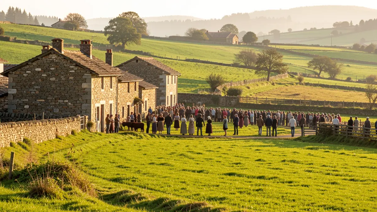 Generic image of a Galician rural landscape with stone houses and green fields.