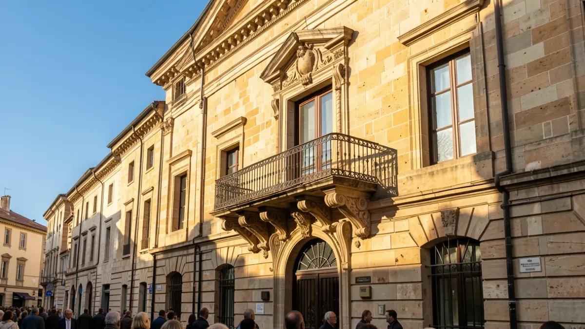 Generic image of a town hall building with a stone balcony and afternoon light.