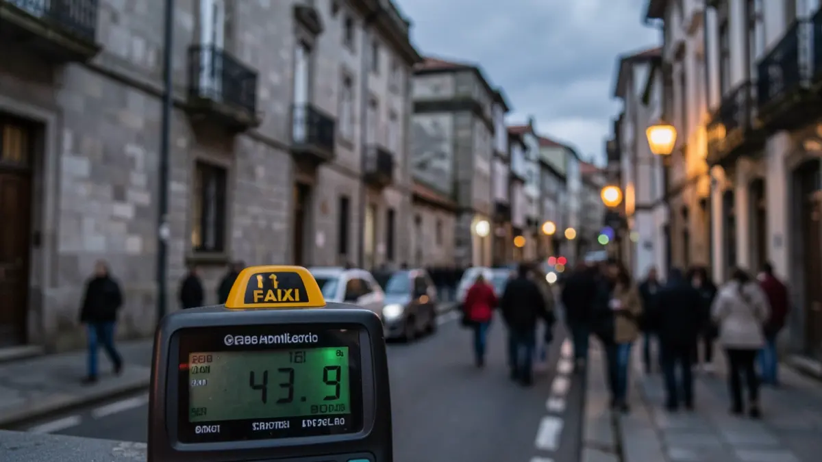 Primer plano de un taxímetro con una tarifa mostrada, con un fondo difuminado de una calle de A Coruña al anochecer.