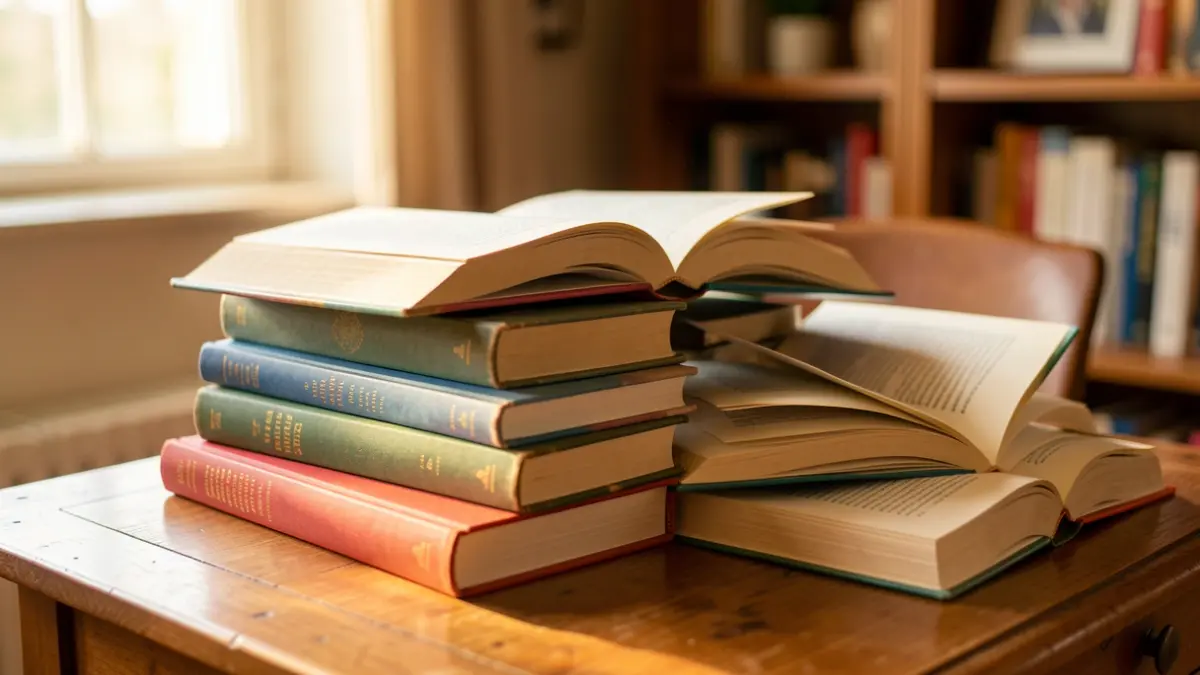 Imaxe xenérica de libros de lectura sobre unha mesa de madeira.
