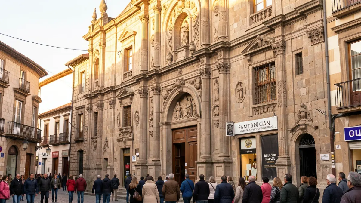 Fachada de un edificio histórico en Santiago de Compostela con detalles de piedra y carteles comerciales.