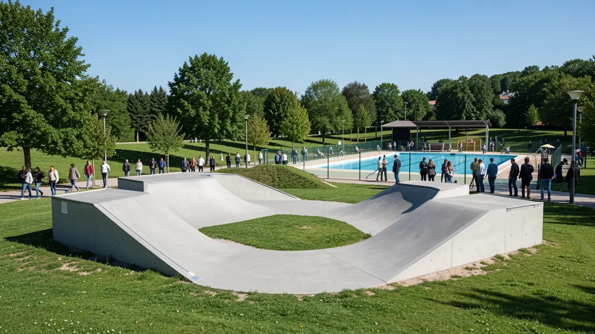 Imagen de un circuito de pumptrack moderno en una zona verde cerca de una piscina municipal.