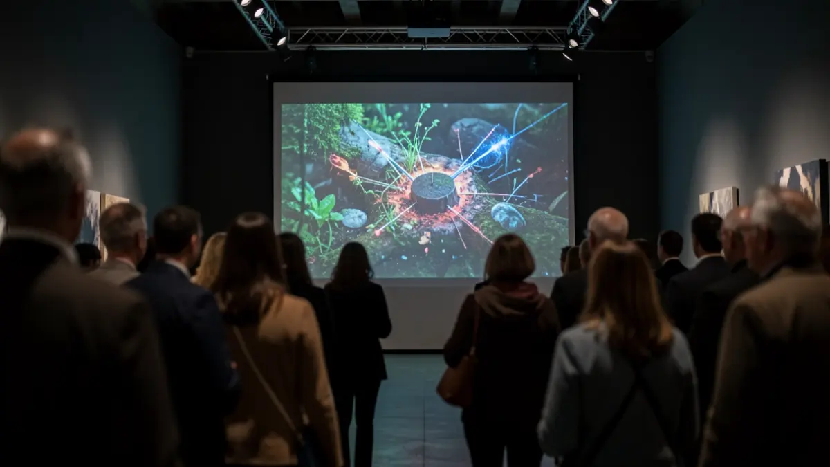Imaxe dunha proxección audiovisual sobre a crise ecosocial nunha sala de exposicións.