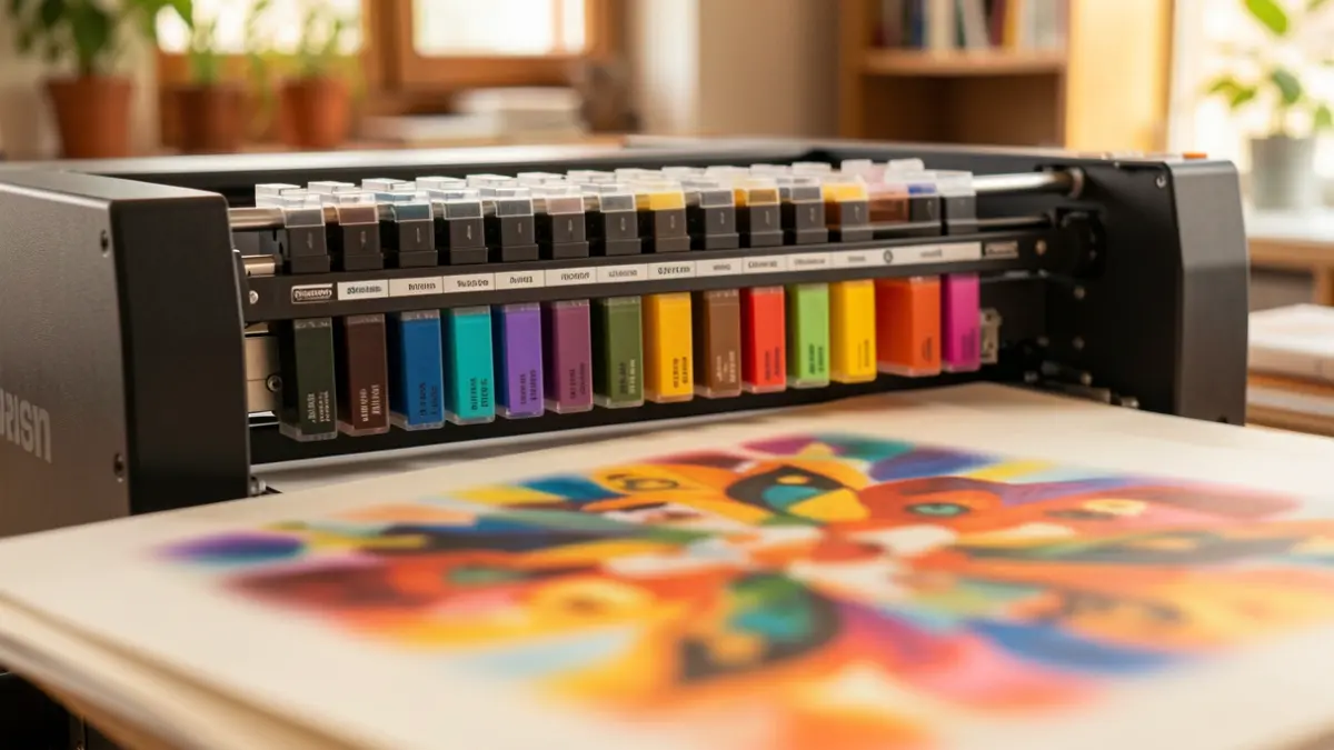 Imagen genérica de una máquina de risografía con tintas de colores y un patrón artístico borroso en primer plano.