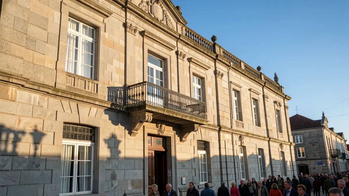 Imaxe xenérica dunha fachada de edificio institucional de Galicia con balcón e raís de ferro, baixo a luz do sol da tarde.