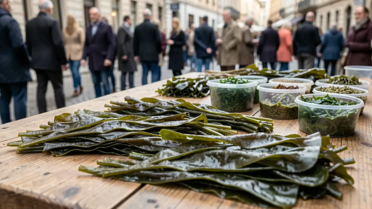 Imagen genérica de diferentes tipos de algas marinas dispuestas sobre una mesa de madera, con algunos productos agrícolas a base de algas en pequeños envases al fondo.