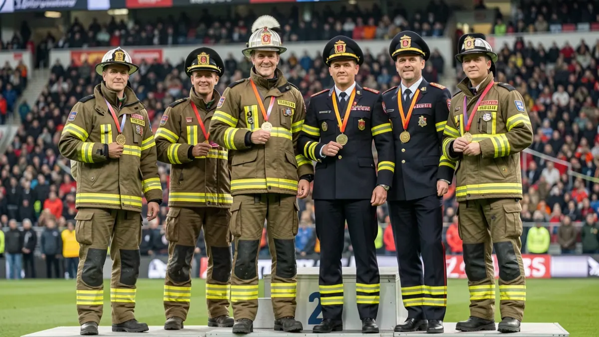 Imaxe xenérica de bombeiros celebrando nun podio con medallas.