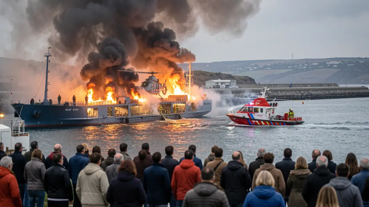 Simulación de un incendio en un buque de transporte de vehículos en la ría de Vigo con medios de emergencia.