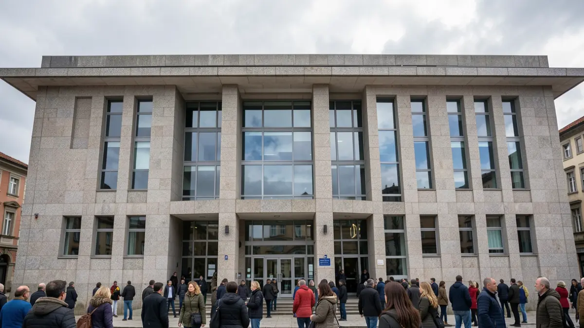 Generic image of a granite university building in Galicia, with large windows and modern architectural elements, under a cloudy sky.