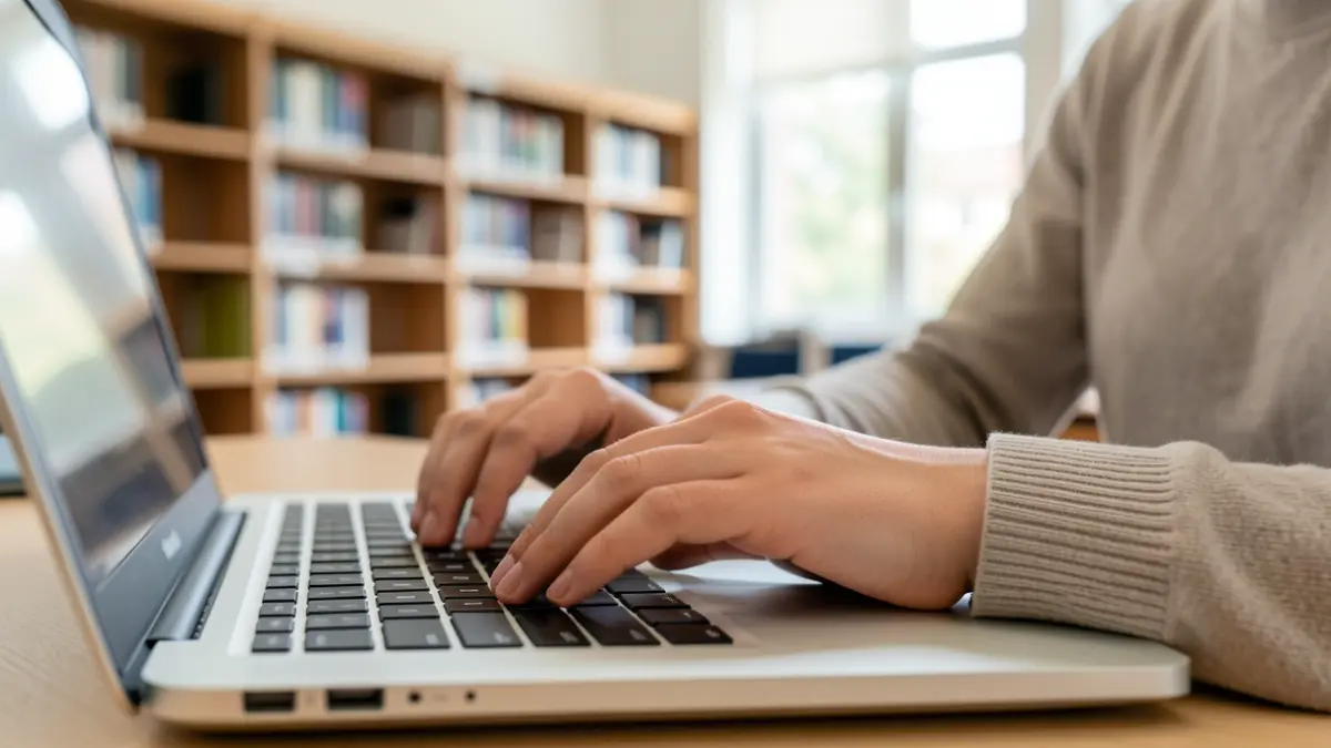 Primeiro plano das mans dunha moza escribindo nun portátil nunha biblioteca universitaria.