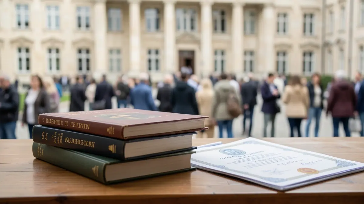Generic image of a stack of academic books and a diploma on a wooden desk, with a blurred university building facade in the background.