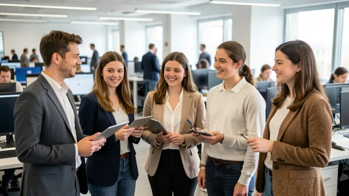 Imagen genérica de cuatro estudiantes universitarios en un ambiente tecnológico moderno.