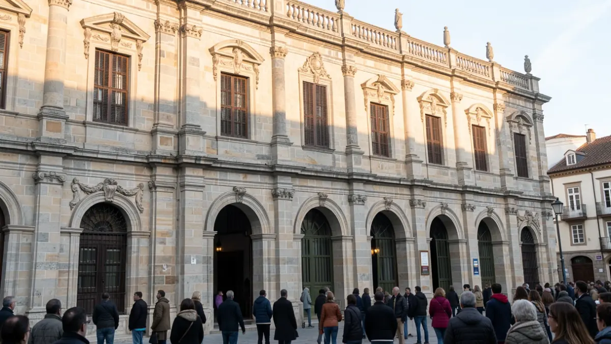 Fachada de granito del Colexio de Fonseca en Santiago de Compostela.
