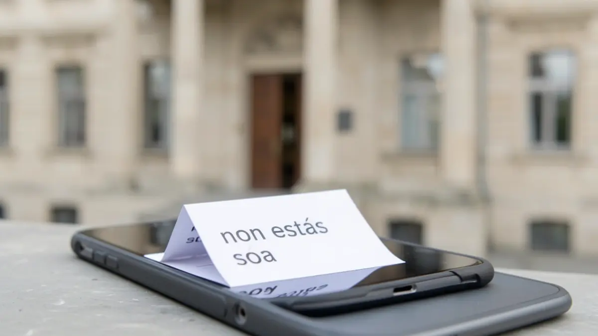 Imagen genérica de un folleto informativo sobre violencia de género con un mensaje de apoyo, junto a una funda de smartphone.