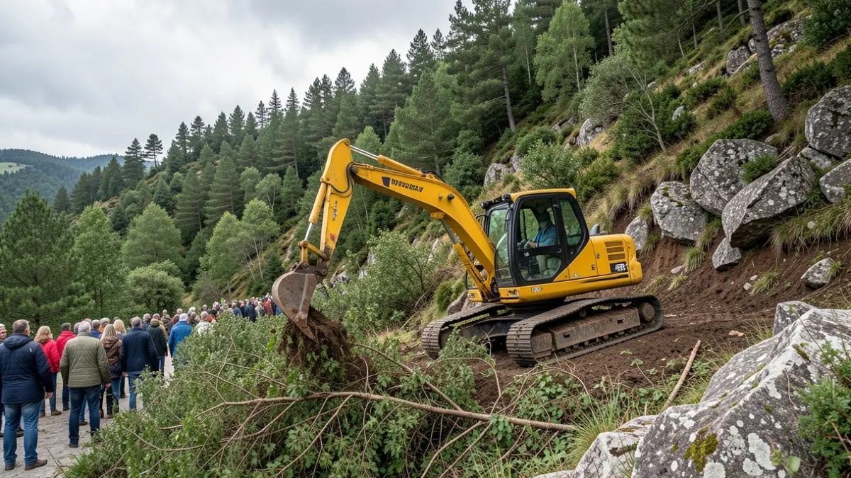 Imagen genérica de una miniexcavadora amarilla trabajando en una ladera forestal con vegetación verde y rocas de granito.