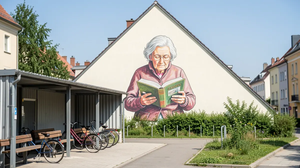Generic image of a new urban green space with a colorful mural on a wall.