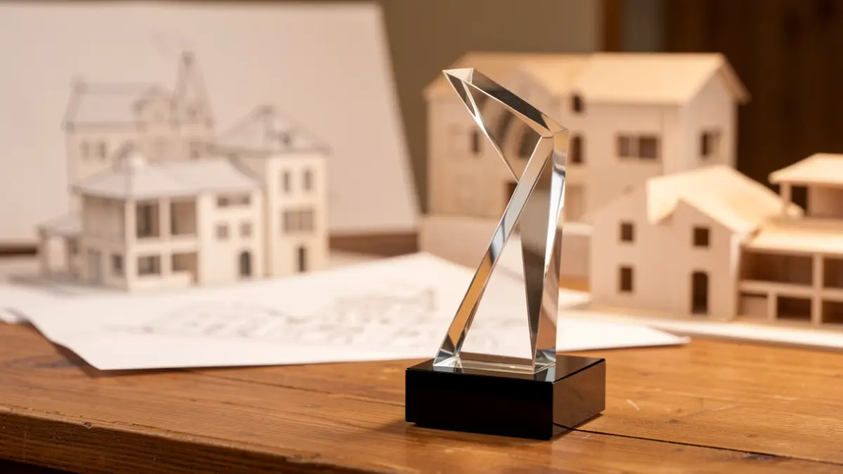 Imaxe xenérica dun trofeo de deseño sobre unha mesa de traballo, con bosquexos de deseño desenfocados ao fondo.